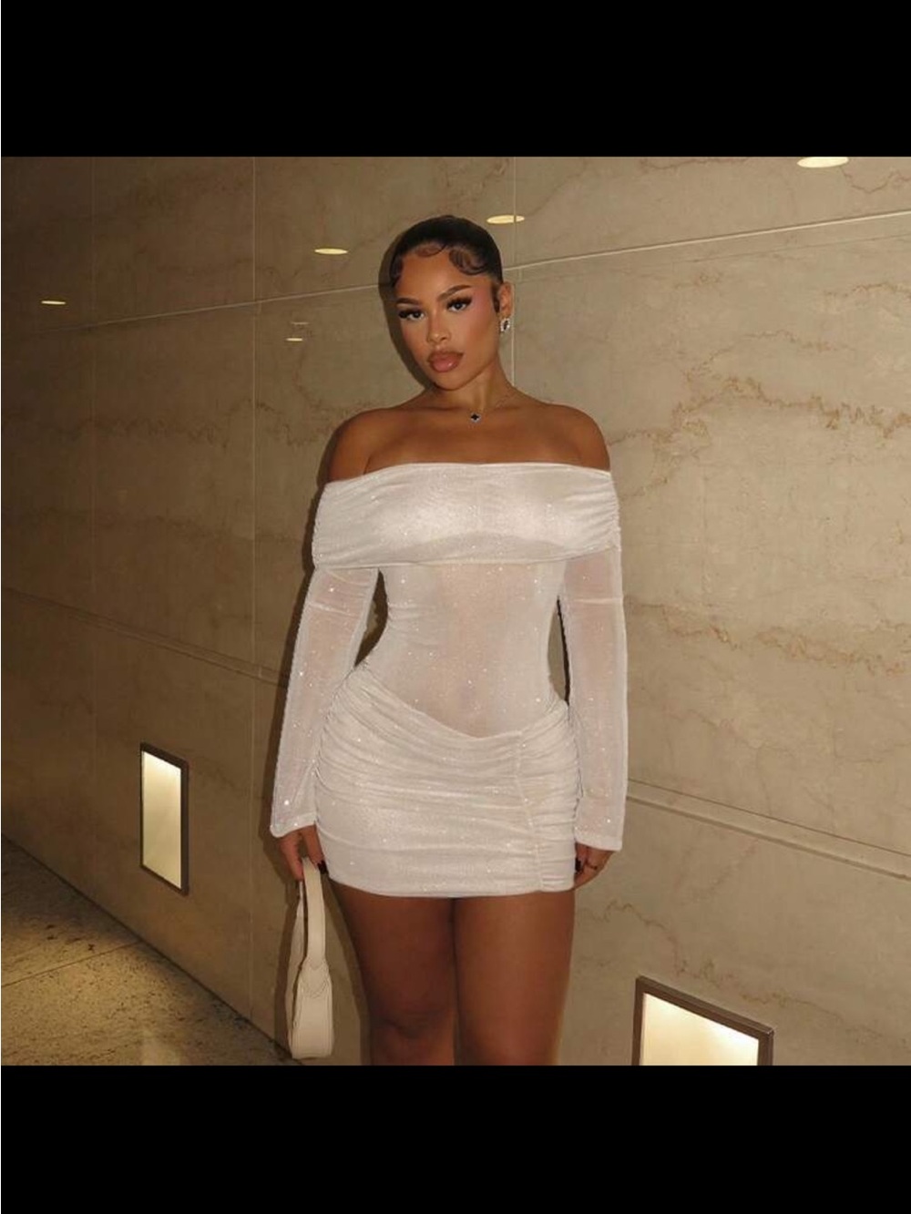SHEIN White Off-Shoulder Sparkle Mini Dress